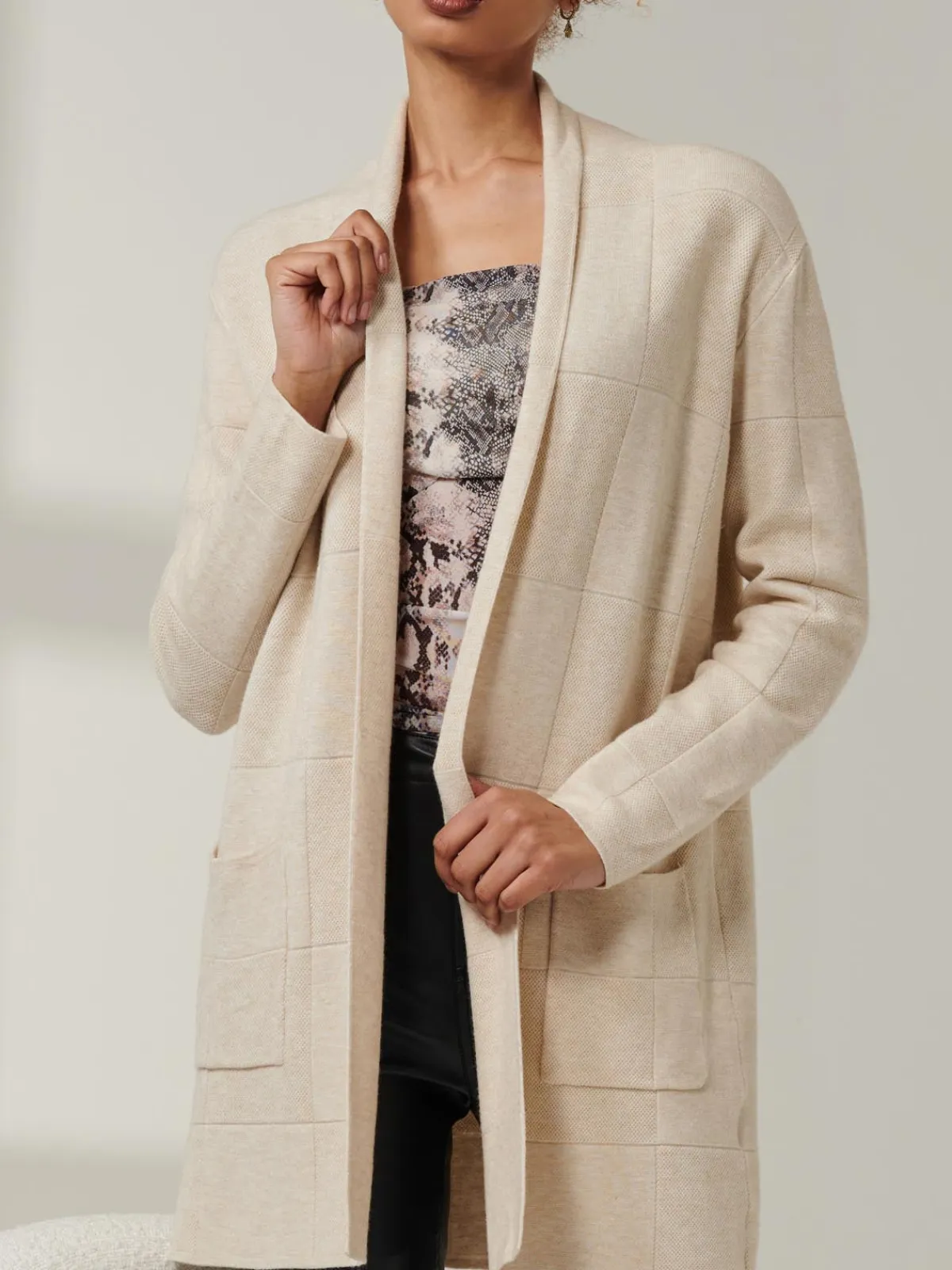 Jolie Moi Knitted Cardigan|Knitted Jumpers-Shawl Collar Check Knit Cardigan, Beige Heather