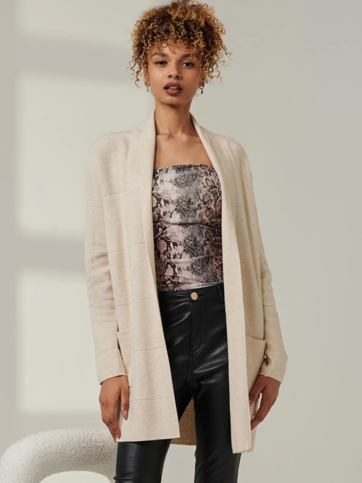 Jolie Moi Knitted Cardigan|Knitted Jumpers-Shawl Collar Check Knit Cardigan, Beige Heather