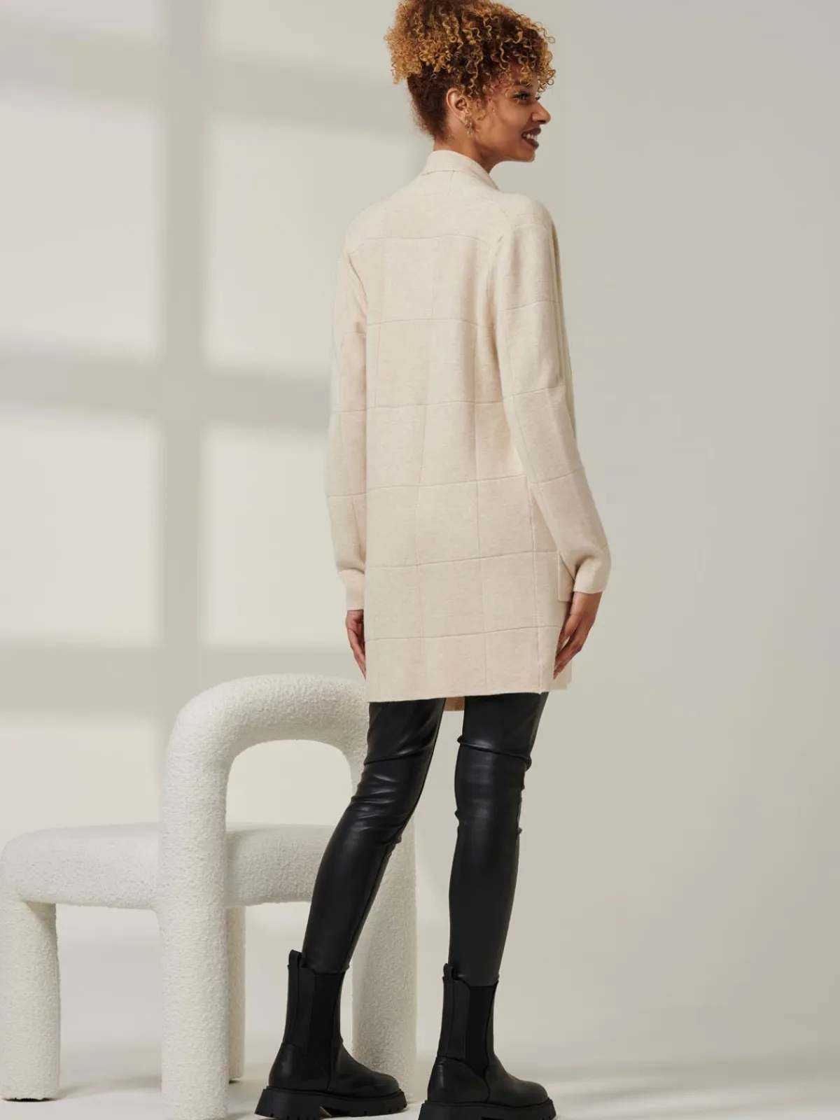 Jolie Moi Knitted Cardigan|Knitted Jumpers-Shawl Collar Check Knit Cardigan, Beige Heather