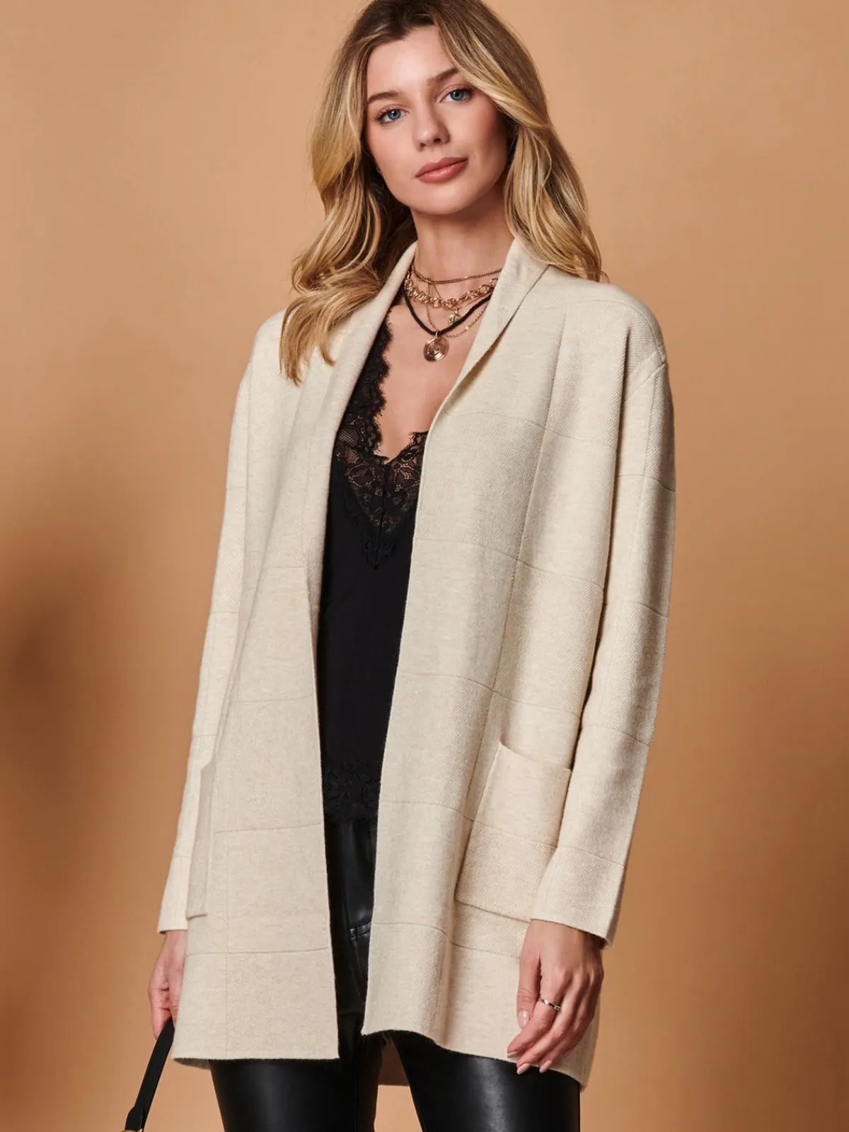 Jolie Moi Knitted Cardigan|Knitted Jumpers-Shawl Collar Check Knit Cardigan, Beige Heather