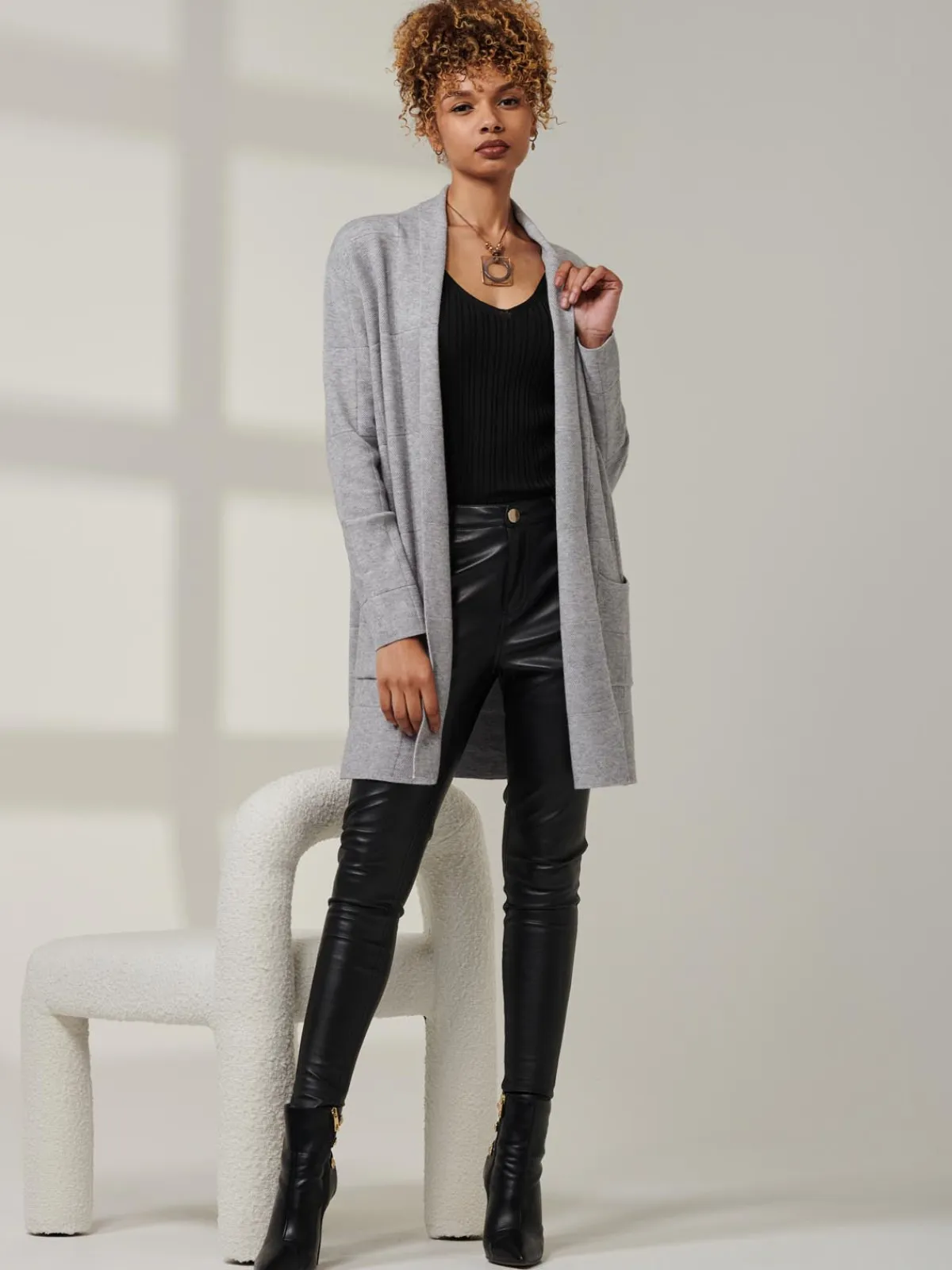 Jolie Moi Knitted Cardigan|Knitted Jumpers-Shawl Collar Check Knit Cardigan, Grey Heather