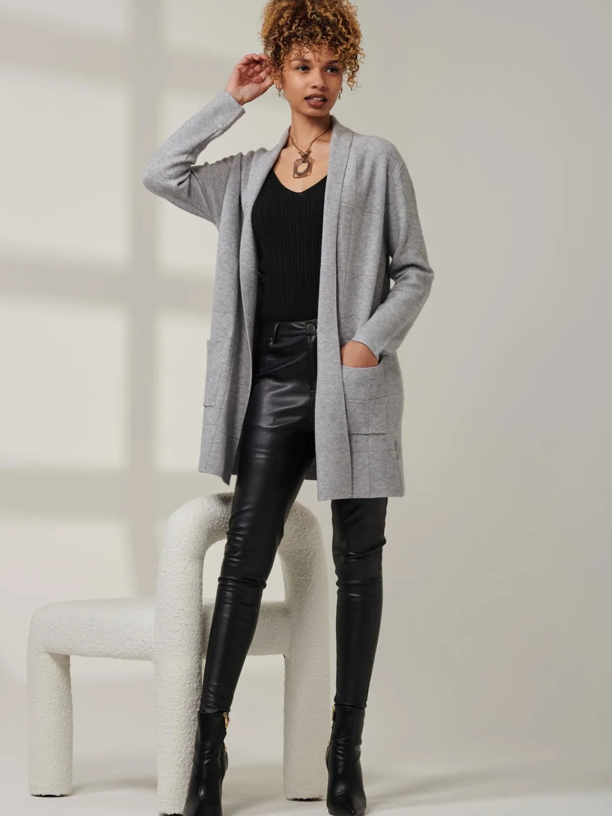 Jolie Moi Knitted Cardigan|Knitted Jumpers-Shawl Collar Check Knit Cardigan, Grey Heather