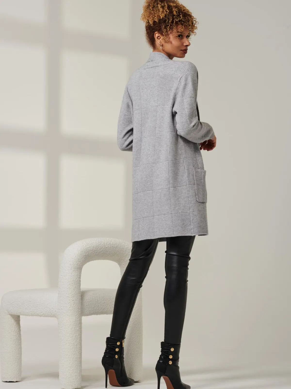 Jolie Moi Knitted Cardigan|Knitted Jumpers-Shawl Collar Check Knit Cardigan, Grey Heather