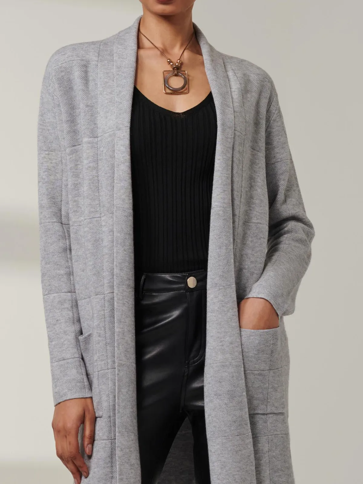 Jolie Moi Knitted Cardigan|Knitted Jumpers-Shawl Collar Check Knit Cardigan, Grey Heather