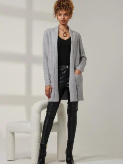 Jolie Moi Knitted Cardigan|Knitted Jumpers-Shawl Collar Check Knit Cardigan, Grey Heather