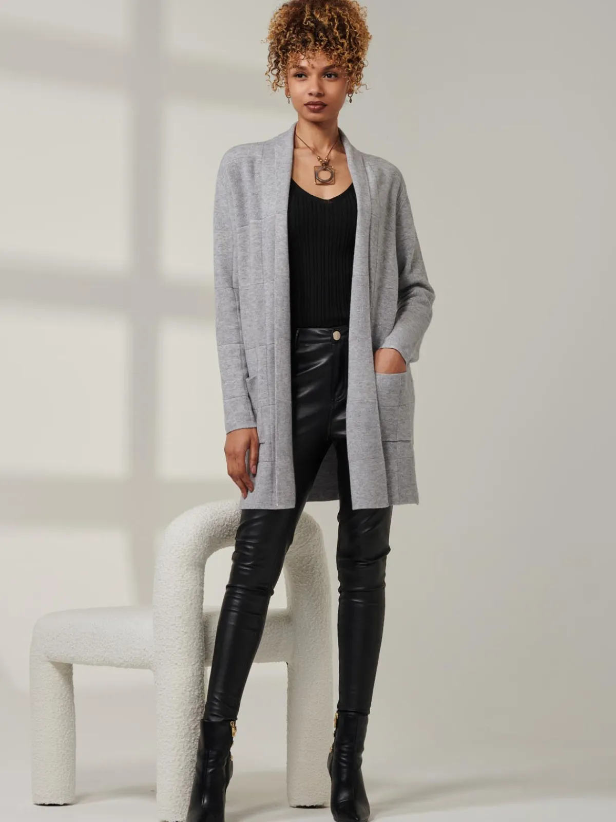 Jolie Moi Knitted Cardigan|Knitted Jumpers-Shawl Collar Check Knit Cardigan, Grey Heather
