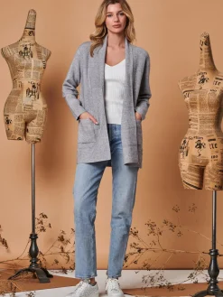 Jolie Moi Knitted Cardigan|Knitted Jumpers-Shawl Collar Check Knit Cardigan, Grey Heather