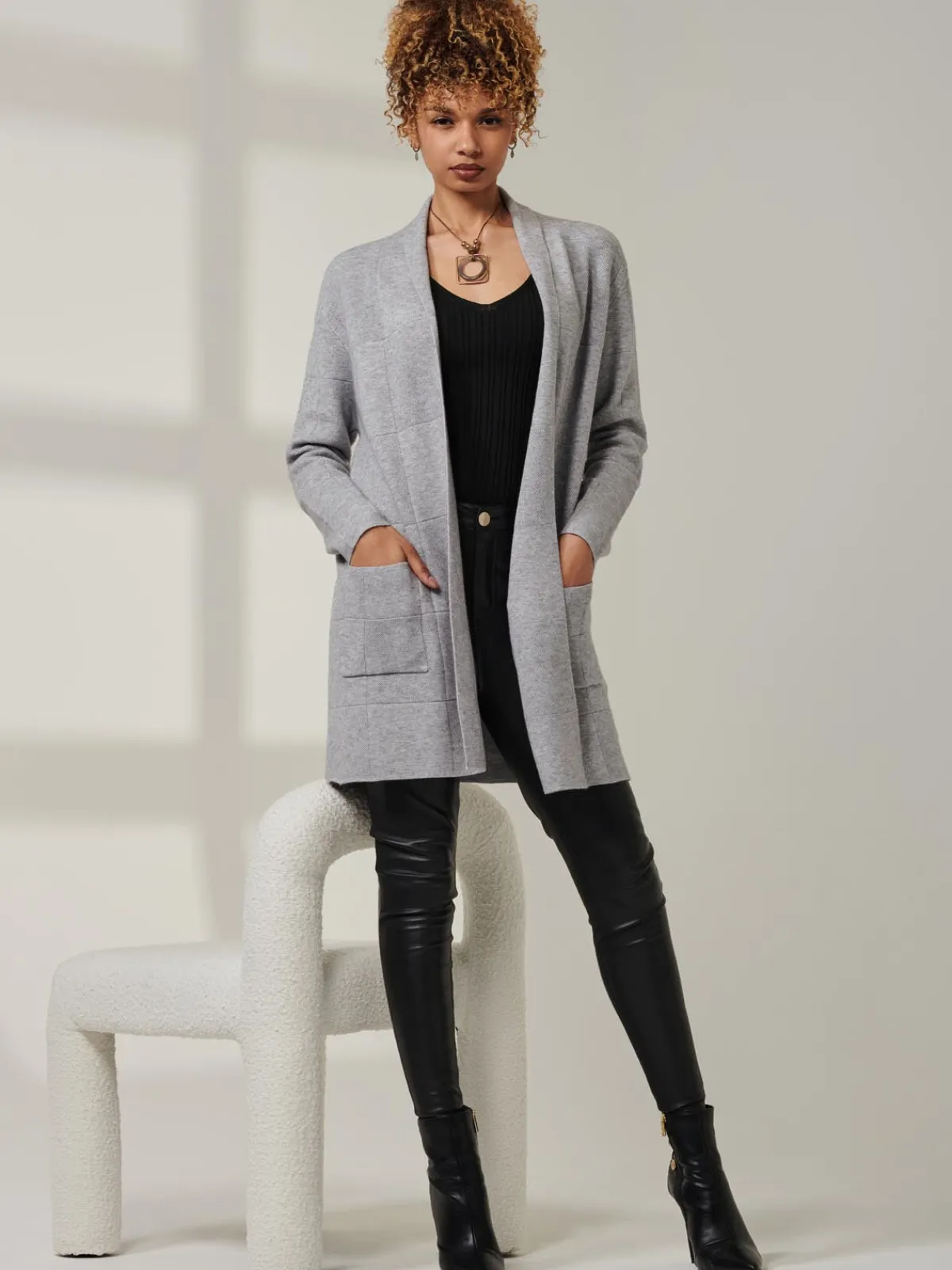 Jolie Moi Knitted Cardigan|Knitted Jumpers-Shawl Collar Check Knit Cardigan, Grey Heather