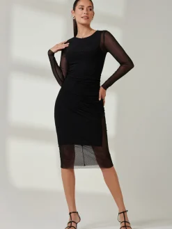 Jolie Moi Occasion Dresses|Midi Dresses-Sheer Long Sleeve Midi Dress, Black