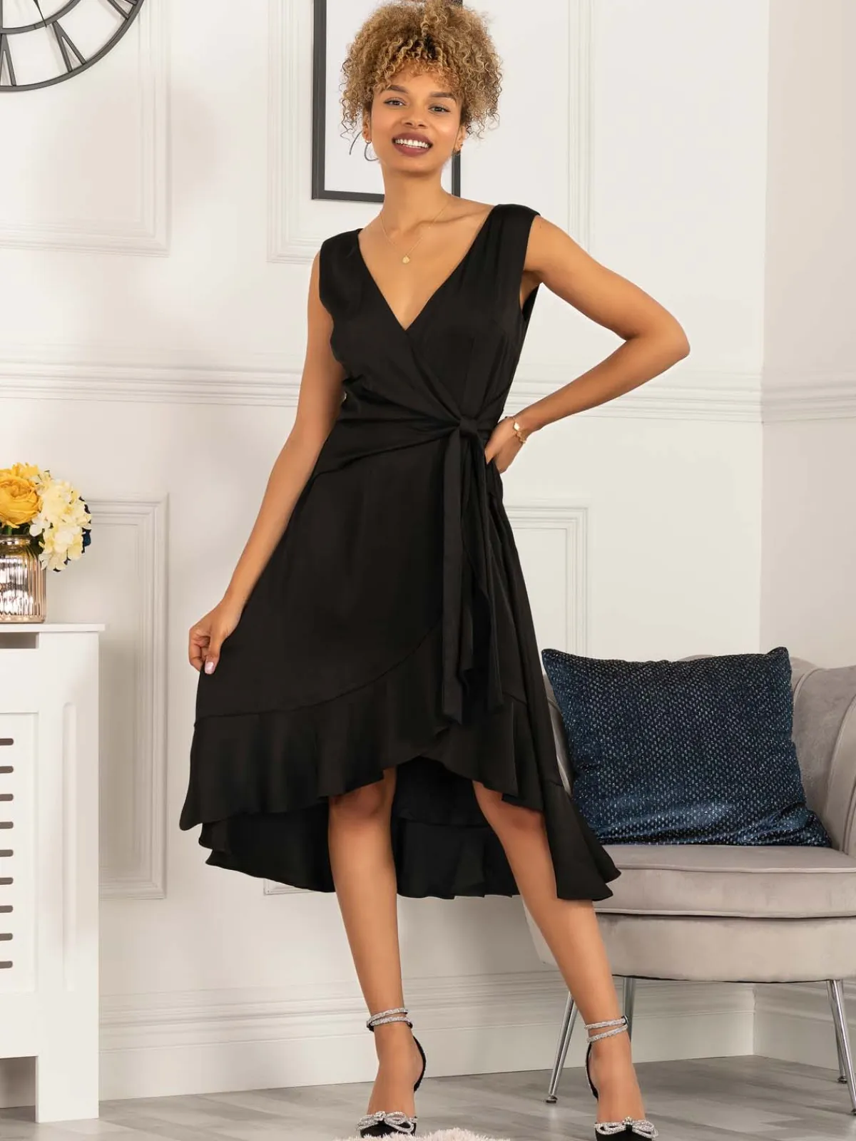 Jolie Moi Occasion Dresses-Sherlyn Wrap Flounce Hem Dress, Black