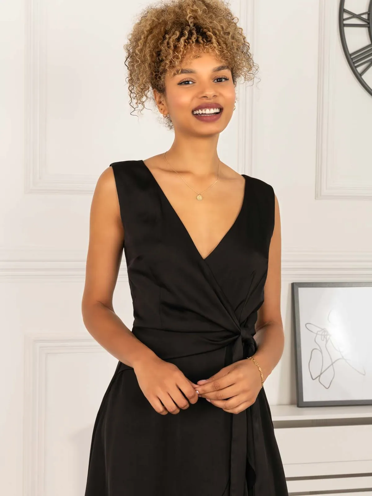 Jolie Moi Occasion Dresses-Sherlyn Wrap Flounce Hem Dress, Black