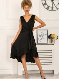 Jolie Moi Occasion Dresses-Sherlyn Wrap Flounce Hem Dress, Black