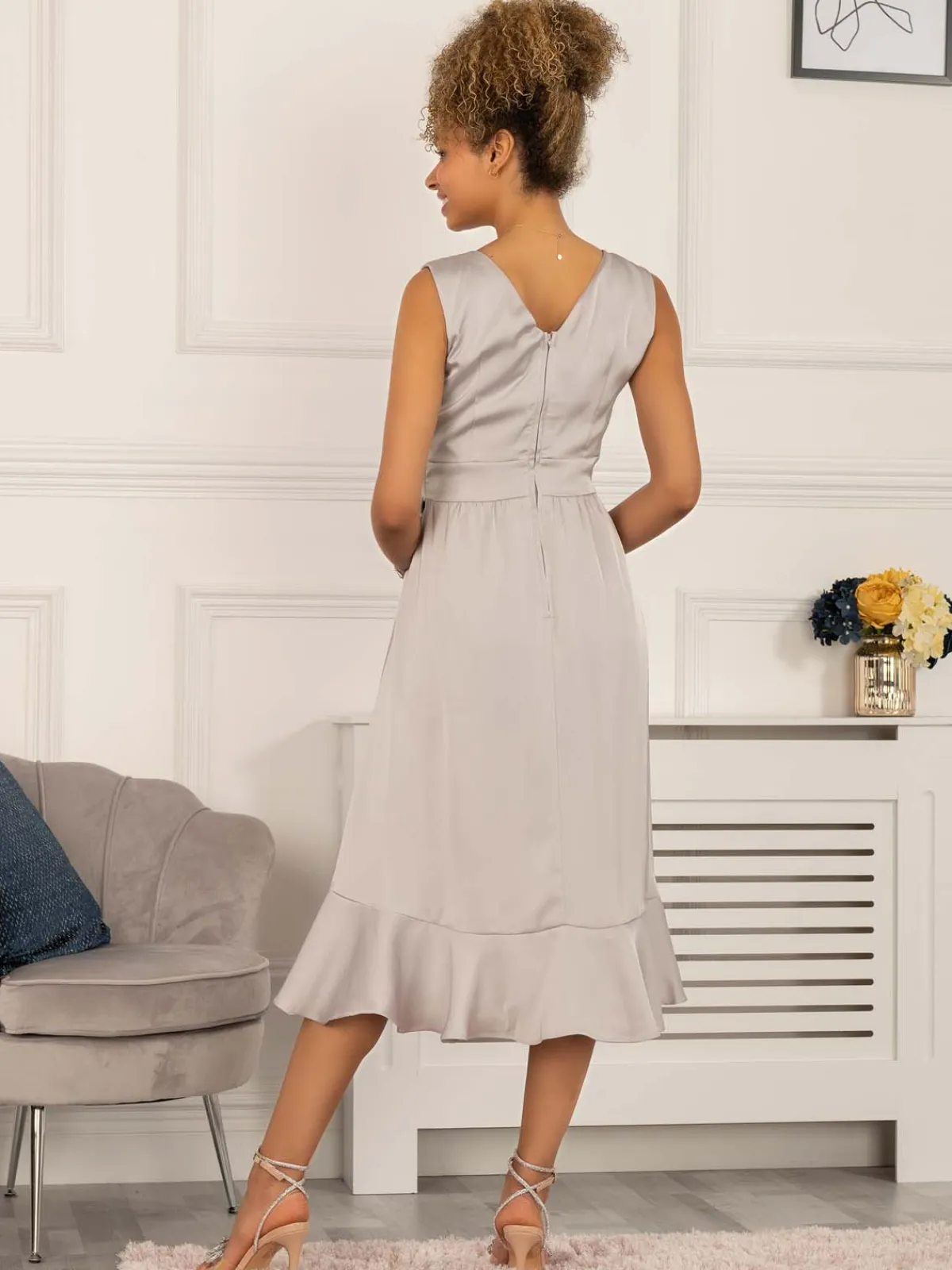 Jolie Moi Occasion Dresses-Sherlyn Wrap Flounce Hem Dress, Silver