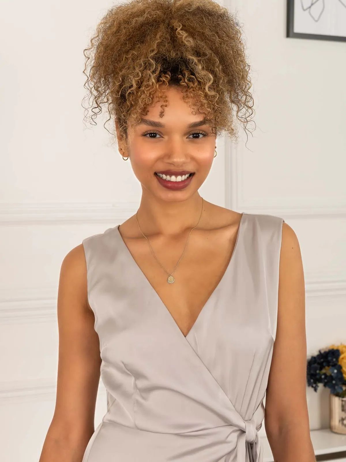 Jolie Moi Occasion Dresses-Sherlyn Wrap Flounce Hem Dress, Silver