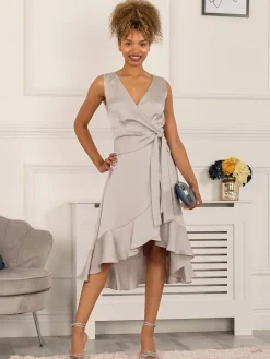 Jolie Moi Occasion Dresses-Sherlyn Wrap Flounce Hem Dress, Silver