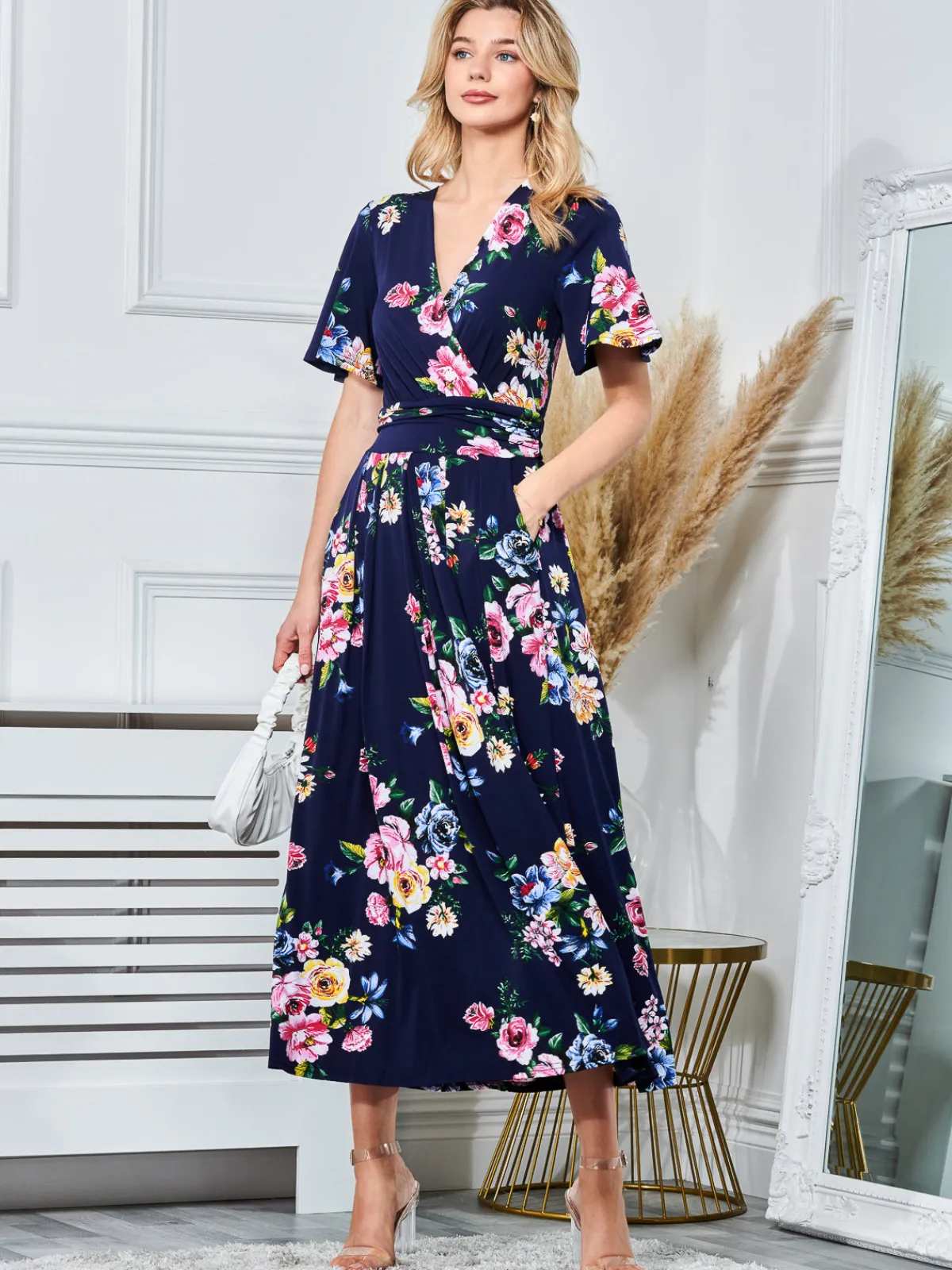 Jolie Moi Occasion Dresses|Floral Dresses-Sherya Jersey Angel Sleeve Maxi Dress, Floral Multi
