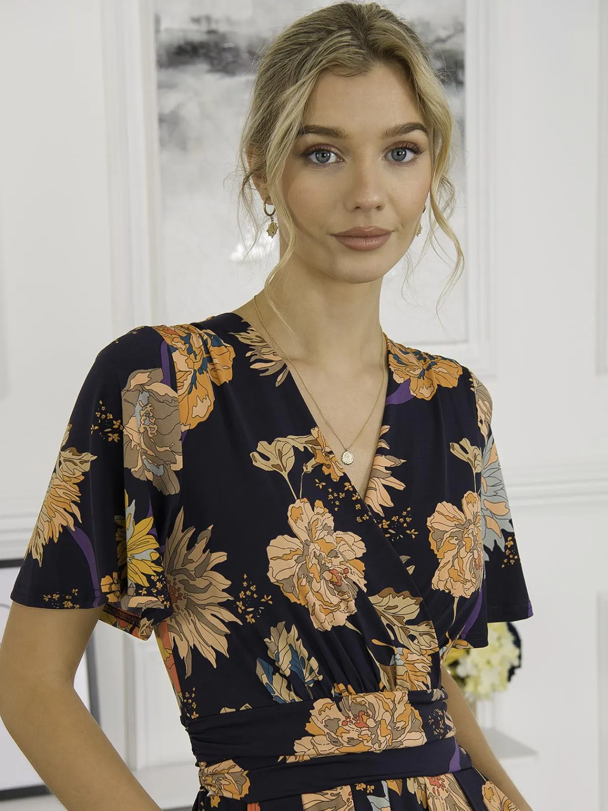 Jolie Moi Occasion Dresses|Floral Dresses-Sherya Jersey Angel Sleeve Maxi Dress, Navy Orange Floral
