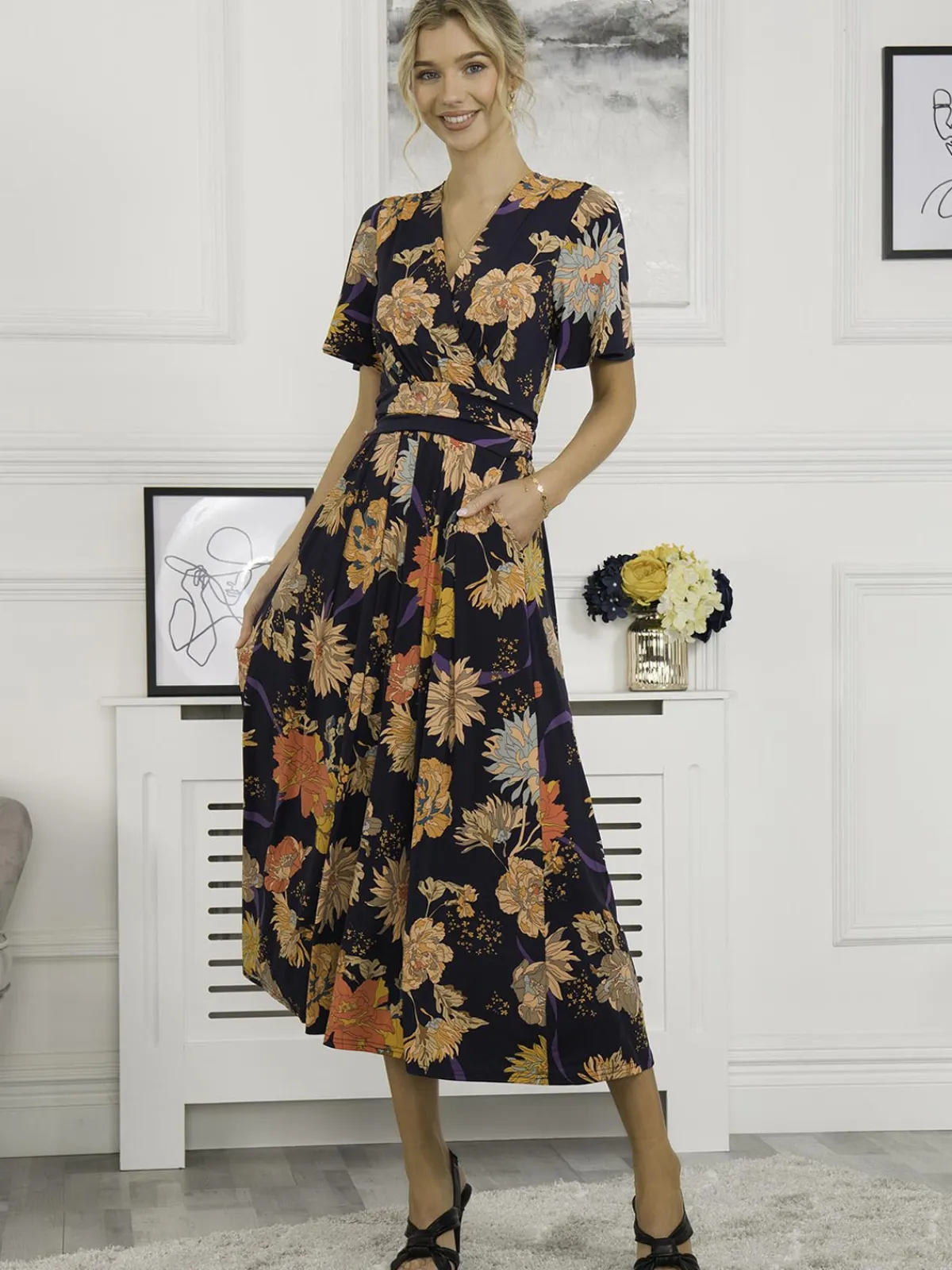 Jolie Moi Occasion Dresses|Floral Dresses-Sherya Jersey Angel Sleeve Maxi Dress, Navy Orange Floral