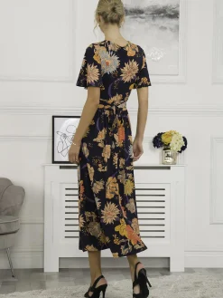 Jolie Moi Occasion Dresses|Floral Dresses-Sherya Jersey Angel Sleeve Maxi Dress, Navy Orange Floral