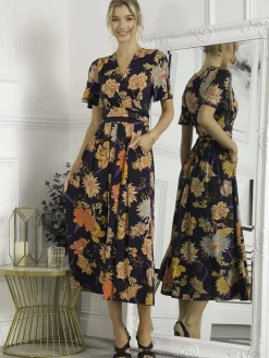 Jolie Moi Occasion Dresses|Floral Dresses-Sherya Jersey Angel Sleeve Maxi Dress, Navy Orange Floral