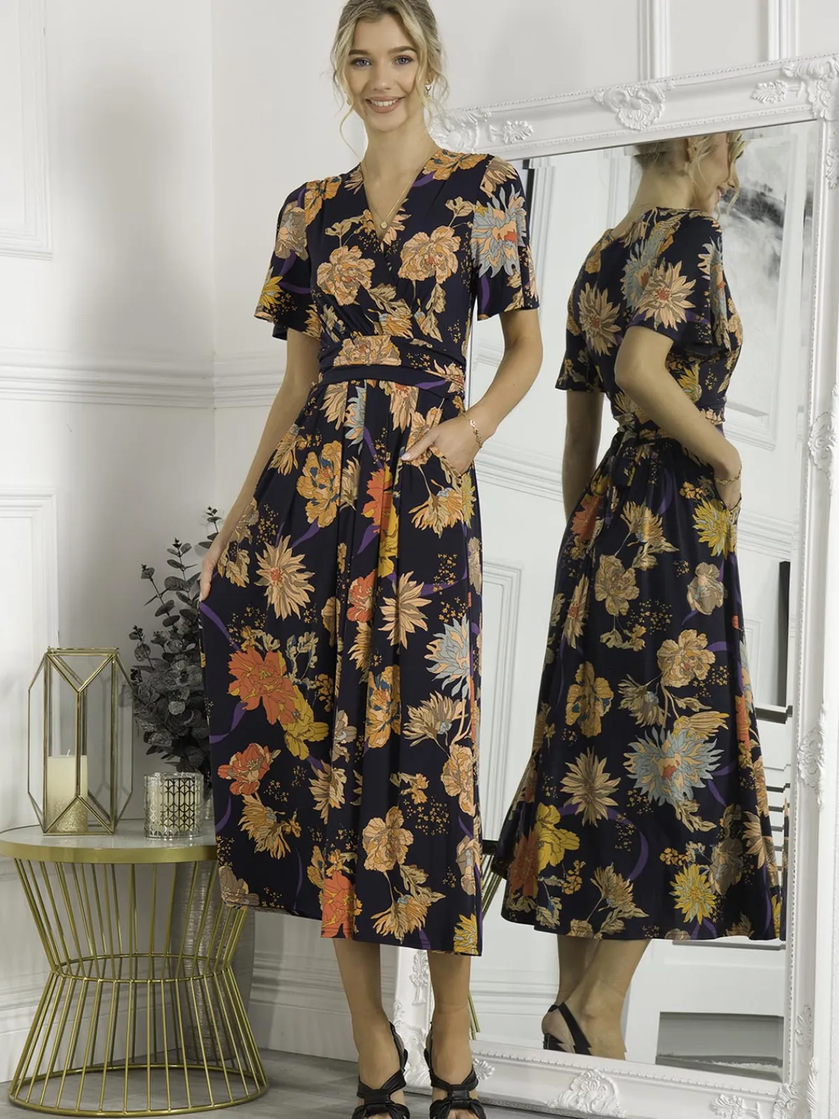 Jolie Moi Occasion Dresses|Floral Dresses-Sherya Jersey Angel Sleeve Maxi Dress, Navy Orange Floral