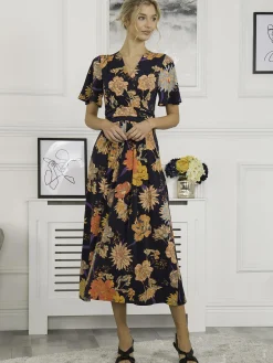 Jolie Moi Occasion Dresses|Floral Dresses-Sherya Jersey Angel Sleeve Maxi Dress, Navy Orange Floral