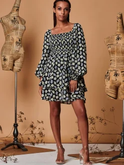 Jolie Moi Occasion Dresses|Floral Dresses-Shirred Bodice Mini Smock Dress, Black Multi