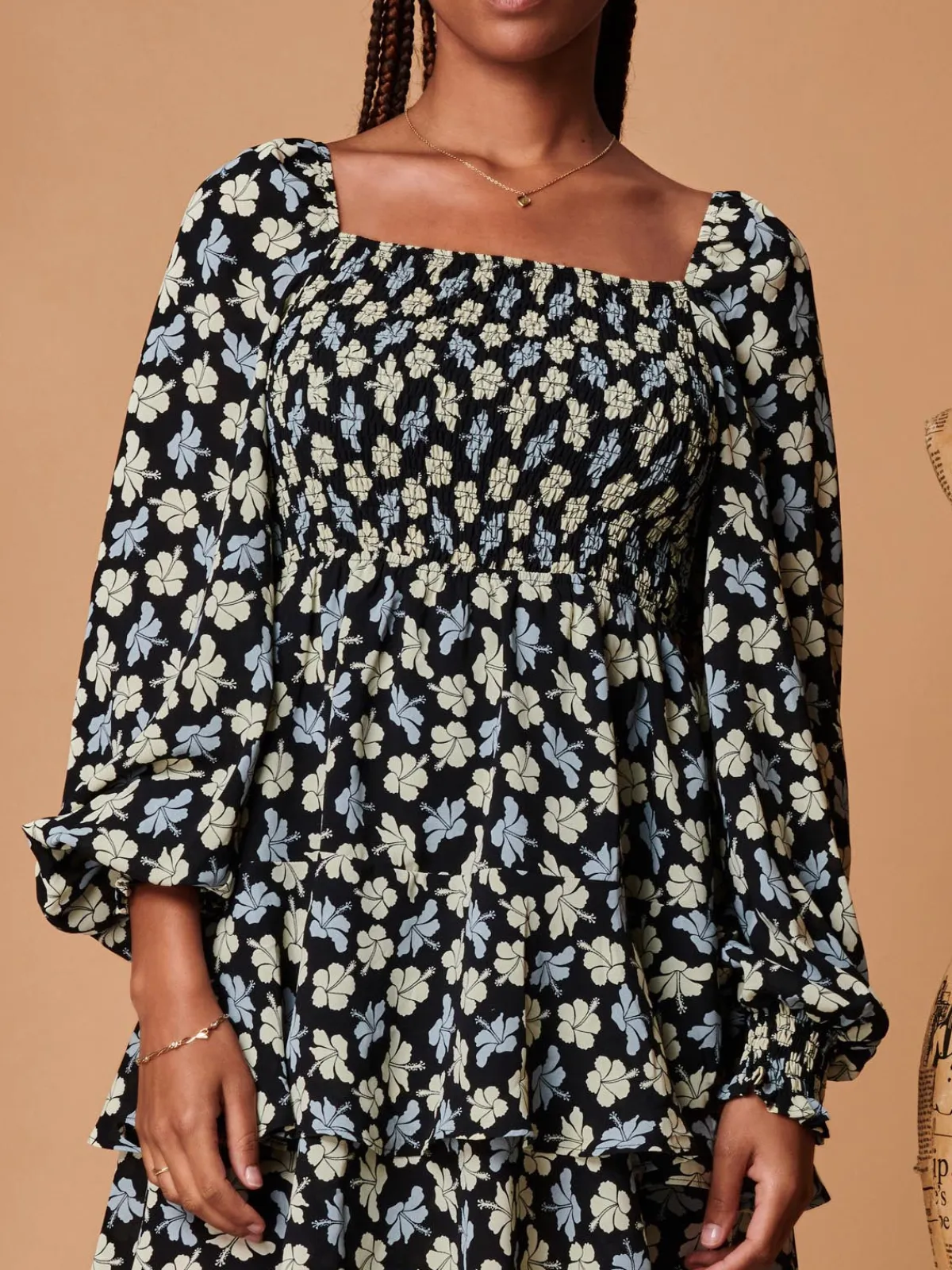 Jolie Moi Occasion Dresses|Floral Dresses-Shirred Bodice Mini Smock Dress, Black Multi