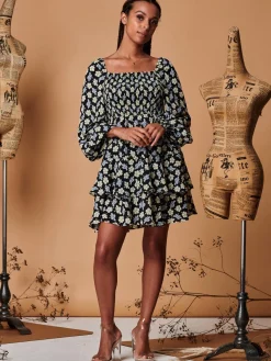 Jolie Moi Occasion Dresses|Floral Dresses-Shirred Bodice Mini Smock Dress, Black Multi