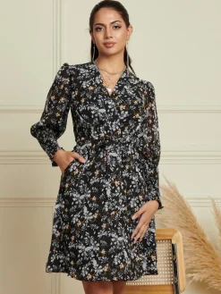 Jolie Moi Occasion Dresses|Floral Dresses-Shirred Cuff Tie Waist Dress, Navy Floral