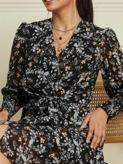 Jolie Moi Occasion Dresses|Floral Dresses-Shirred Cuff Tie Waist Dress, Navy Floral