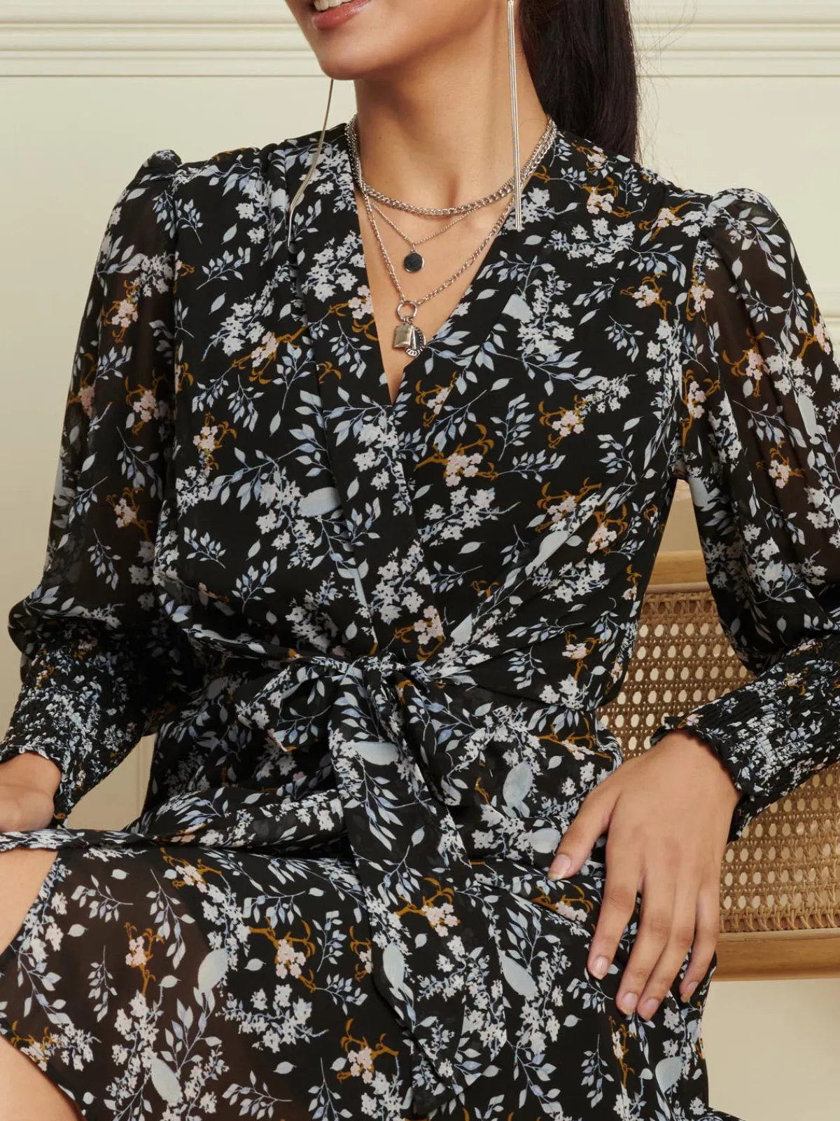 Jolie Moi Occasion Dresses|Floral Dresses-Shirred Cuff Tie Waist Dress, Navy Floral