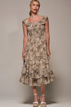 Jolie Moi Midi Dresses-Shirred Ruffle Sleeve Tiered Midi Dress, Brown Abstract