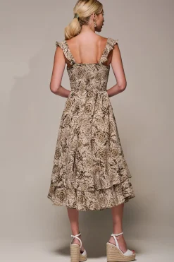 Jolie Moi Midi Dresses-Shirred Ruffle Sleeve Tiered Midi Dress, Brown Abstract