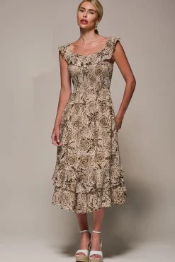 Jolie Moi Midi Dresses-Shirred Ruffle Sleeve Tiered Midi Dress, Brown Abstract