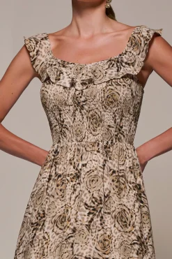 Jolie Moi Midi Dresses-Shirred Ruffle Sleeve Tiered Midi Dress, Brown Abstract
