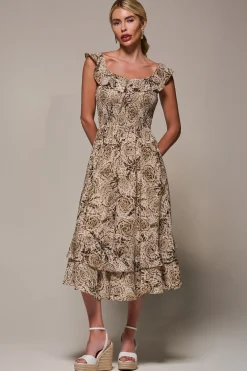Jolie Moi Midi Dresses-Shirred Ruffle Sleeve Tiered Midi Dress, Brown Abstract