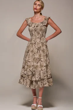 Jolie Moi Midi Dresses-Shirred Ruffle Sleeve Tiered Midi Dress, Brown Abstract