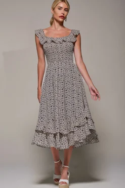 Jolie Moi Occasion Dresses|Floral Dresses-Shirred Ruffle Sleeve Tiered Midi Dress, Navy Floral
