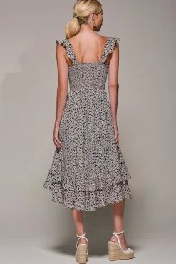 Jolie Moi Occasion Dresses|Floral Dresses-Shirred Ruffle Sleeve Tiered Midi Dress, Navy Floral