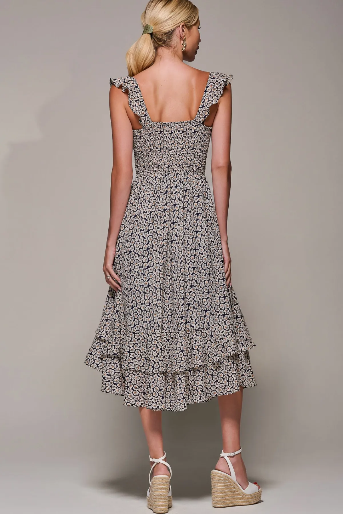 Jolie Moi Occasion Dresses|Floral Dresses-Shirred Ruffle Sleeve Tiered Midi Dress, Navy Floral