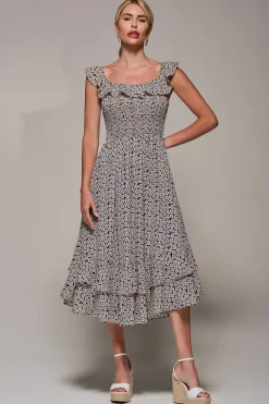 Jolie Moi Occasion Dresses|Floral Dresses-Shirred Ruffle Sleeve Tiered Midi Dress, Navy Floral