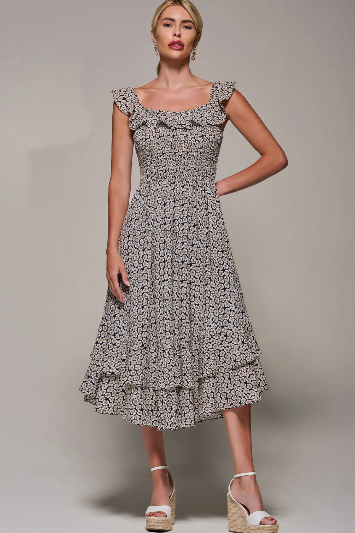 Jolie Moi Occasion Dresses|Floral Dresses-Shirred Ruffle Sleeve Tiered Midi Dress, Navy Floral