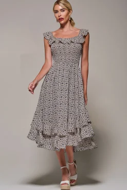 Jolie Moi Occasion Dresses|Floral Dresses-Shirred Ruffle Sleeve Tiered Midi Dress, Navy Floral