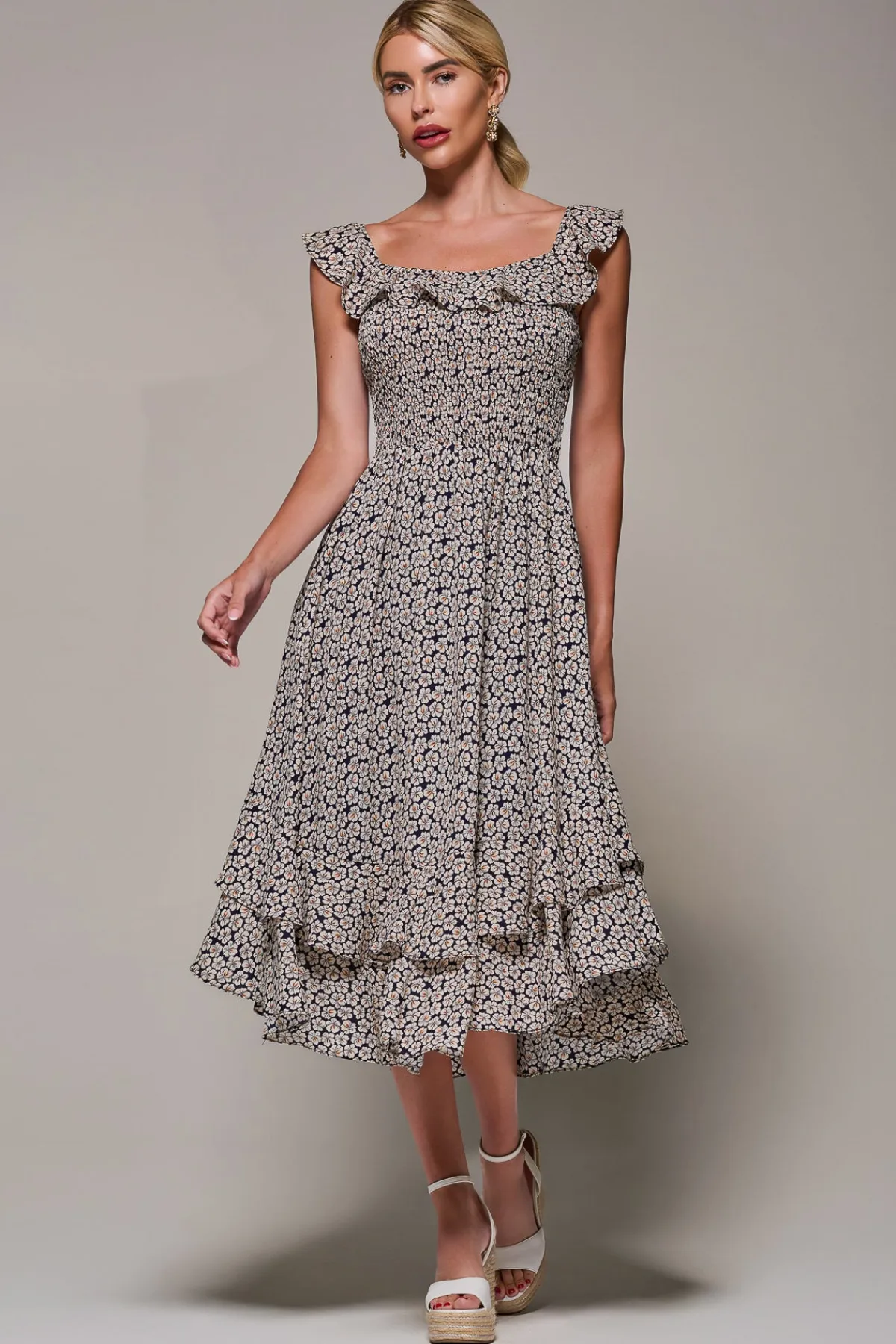 Jolie Moi Occasion Dresses|Floral Dresses-Shirred Ruffle Sleeve Tiered Midi Dress, Navy Floral