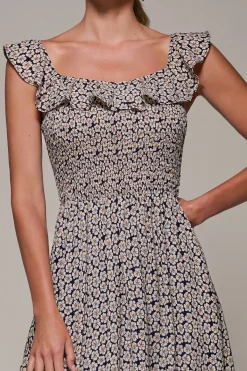 Jolie Moi Occasion Dresses|Floral Dresses-Shirred Ruffle Sleeve Tiered Midi Dress, Navy Floral