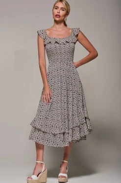 Jolie Moi Occasion Dresses|Floral Dresses-Shirred Ruffle Sleeve Tiered Midi Dress, Navy Floral
