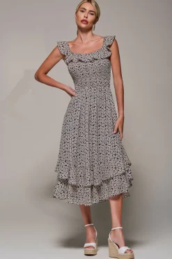 Jolie Moi Occasion Dresses|Floral Dresses-Shirred Ruffle Sleeve Tiered Midi Dress, Navy Floral