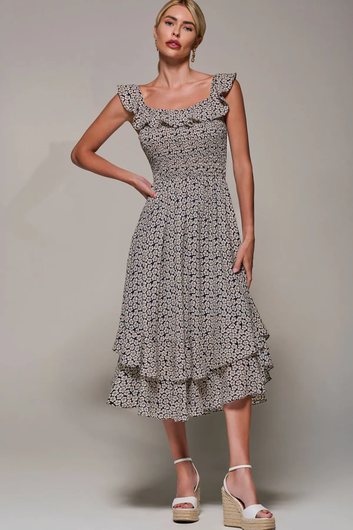 Jolie Moi Occasion Dresses|Floral Dresses-Shirred Ruffle Sleeve Tiered Midi Dress, Navy Floral