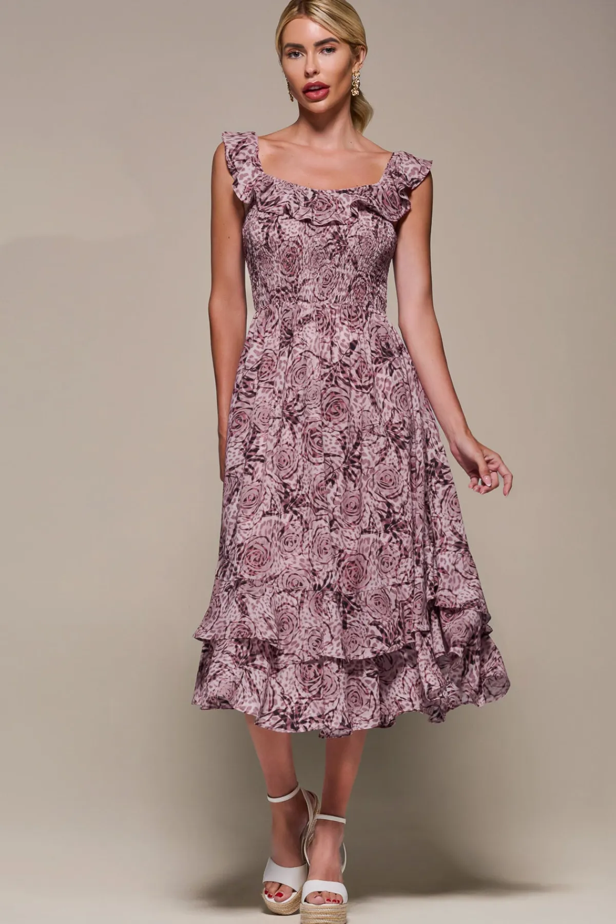 Jolie Moi Occasion Dresses|Sleeveless Dresses-Shirred Ruffle Sleeve Tiered Midi Dress, Pink Abstract